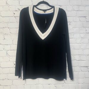 Talbots Classic V-Neck Sweater Black with White Trim Size XL NWT Travel Preppy